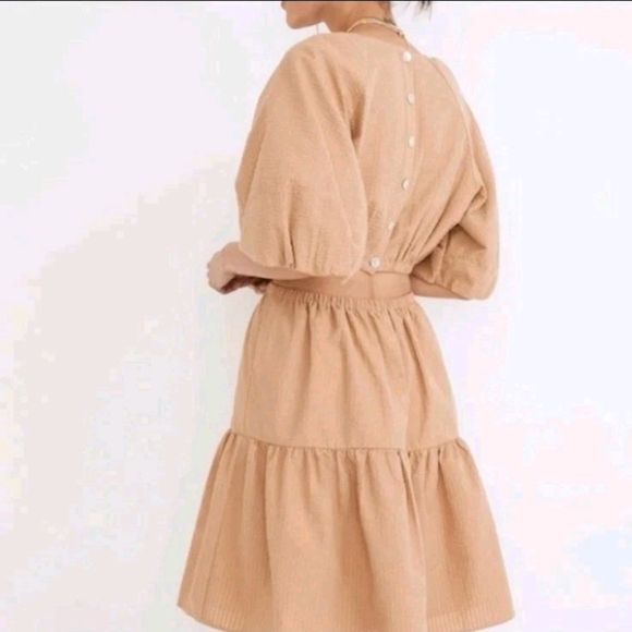 Madewell Women's Seersucker Puff-Sleeve Tan Lagenlook Preppy Mini Dress. Sz L - Picture 3 of 9
